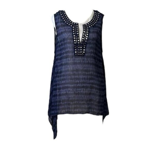 Michael Kors Beaded Asymmetrical Boho Top VNeck Lightweight Blouse Print Blue S - Picture 7 of 16